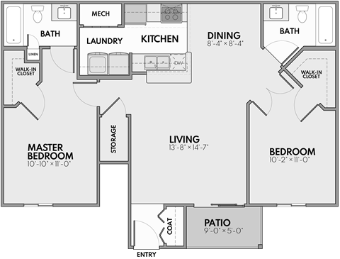 Floor plan for 2 beds, 2 baths, 1000 sqft